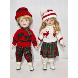 Vintage Interpur Christmas Twin Porcelain Dolls | Nicolas & Holly Complete Set